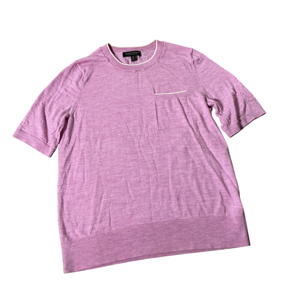 Banana Republic Merino Wool Short Sleeve Sweater Womens M Purple Tipped Pocket